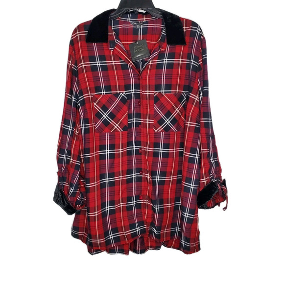 John Mark Tops - John Mark Tunic Top Womens SZ OX Red Black Plaid Velvet Collar Cinched Sleeves
